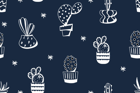 Cacti seamless pattern on a blue background. Vector background with desert plants. Doodle illustration.のイラスト素材