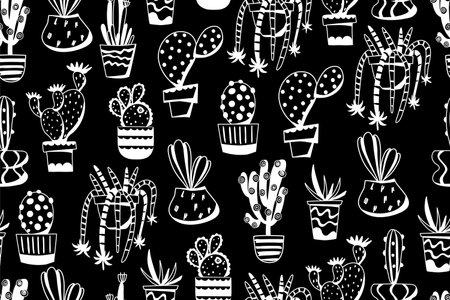Cacti seamless pattern on a black background. Vector background with desert plants. Doodle illustration.のイラスト素材