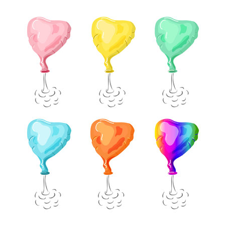Multicoloured Balloons deflates, flies away set. Scientific experiment. Vector cartoon illustration.のイラスト素材