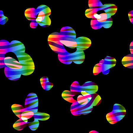 Rainbow abstract flowers and zebra stripes. Vector seamless pattern for printing on fabric and paper.の写真素材