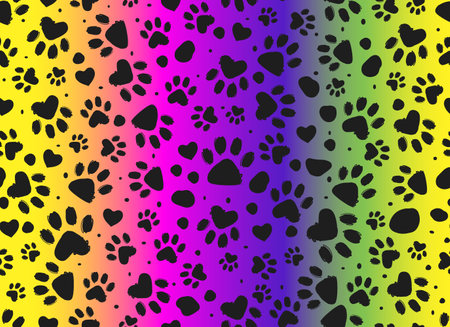 Animal paw rainbow print seamless pattern.Dalmatian Spots. Vector hand-drawn backgroundのイラスト素材