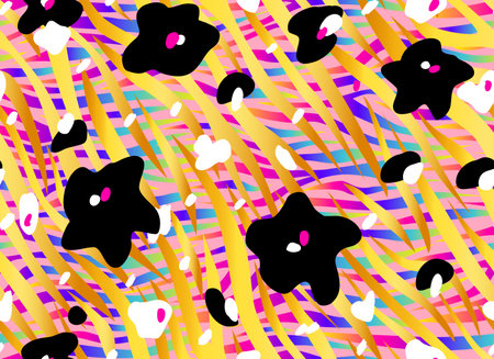 Abstract black flowers on a background of rainbow and gold stripes. Vector seamless pattern for printing on fabric and paper.のイラスト素材