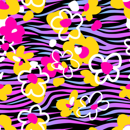 Abstract flowers on a zebra stripes background. Vector seamless pattern for printing on fabric and paper.のイラスト素材