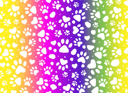 Animal paw rainbow print seamless pattern.Dalmatian Spots. Vector hand-drawn backgroundのイラスト素材