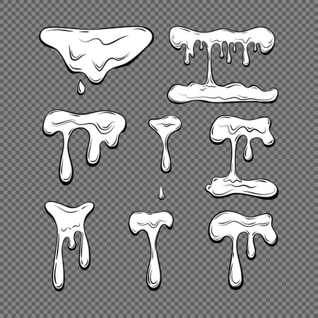 Dripping liquid outline on a transparent background. Contoured black and white illustration of a flowing viscous liquid. Wax, honey, slime. Vector.のイラスト素材