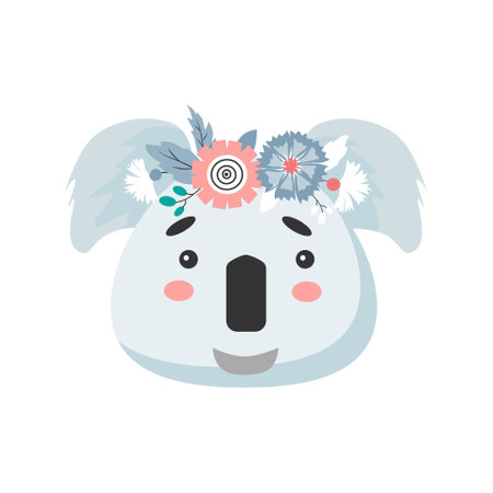 Koala head with flower crown. Cute Vector illustration for children design, poster, birthday greeting cards.のイラスト素材