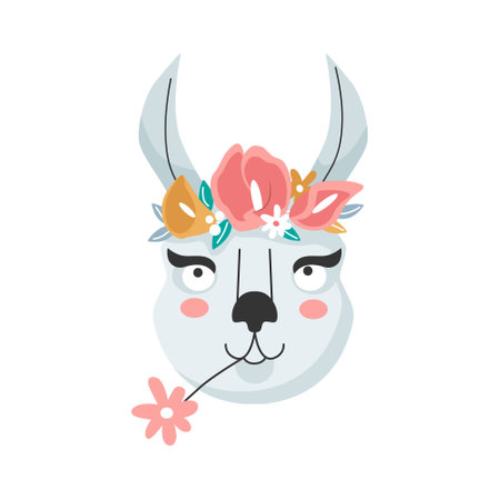 Lama head with flower crown. Cute Vector illustration for children design, poster, birthday greeting cards.のイラスト素材
