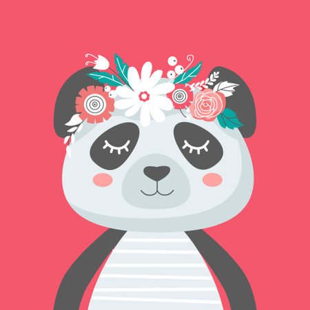 Cute panda with a flower crown. Vector illustration for childrens room decoration, posters, birthday greeting cards, T- shirt prints. head of an animal.のイラスト素材