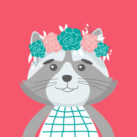 Cute raccoon with a flower crown. Vector illustration for childrens room decoration, posters, birthday greeting cards, T- shirt prints. head of an animal. Vector illustrationのイラスト素材