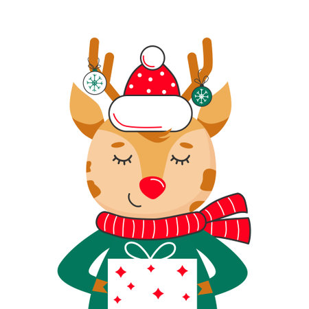 Christmas reindeer in a Santa Claus hat and a gift. New Years card. Vector.のイラスト素材