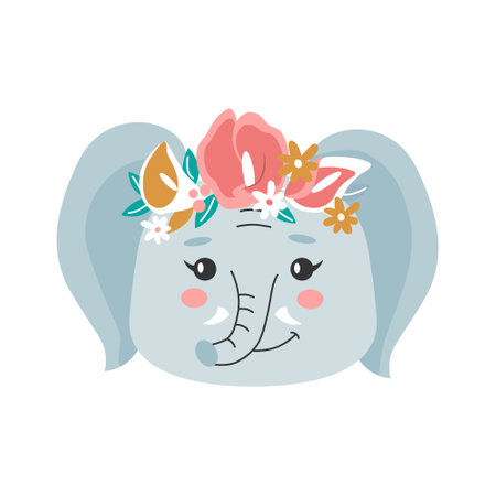 Elephant head with flower crown. Cute Vector illustration for children design, poster, birthday greeting cards.のイラスト素材