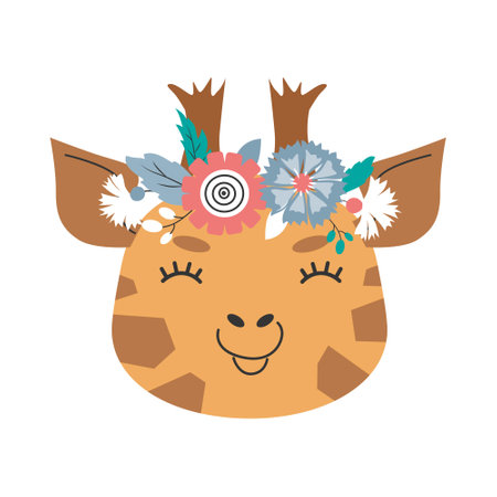 Giraffe head with flower crown. Cute Vector illustration for children design, poster, birthday greeting cards.のイラスト素材