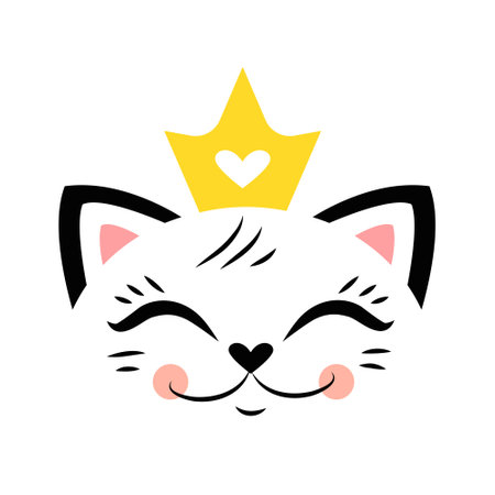 Cute Kitten head with heart crown. Little princess. Vector childrens illustration for printing on fabric and paper, T-shirts, postcards.のイラスト素材