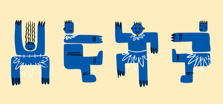 Funny blue abstract men. Dancing geometric creatures . The natives. Vector illustration hand-drawn.のイラスト素材
