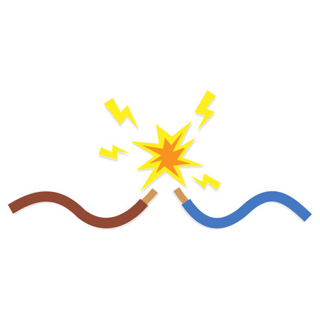 Electrical short circuit. Vector illustration featuring two exposed wires sparking upon contactのイラスト素材
