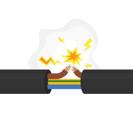 Broken electrical cable with sparks. Short circuit and damaged wire vector illustration for electrical safety manuals, hazard warning signs, electrician repair servicesのイラスト素材
