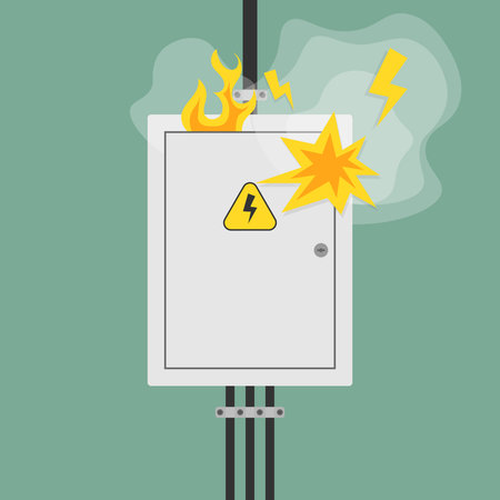 Electrical panel fire and industrial short circuit vector illustration for safety training materials, fire prevention campaigns, emergencypreparedness guidesのイラスト素材