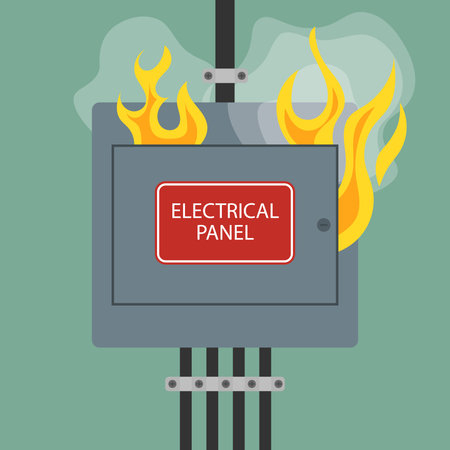 Electrical panel fire hazard. Vector illustration showing an electrical panel emitting flames and smokeのイラスト素材