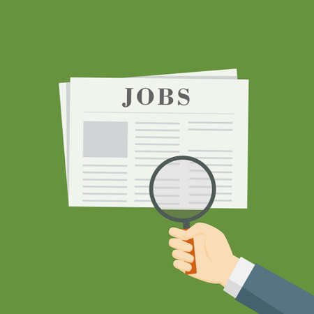 People Hand With Magnifying Glass Searching Jobs Vacancy On Newspaperのイラスト素材