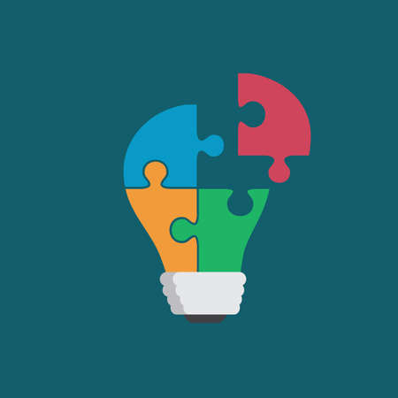 Colorful light bulb consisting of puzzle pieces isolated. Idea, business, solution, work, insight, brainstorm conceptのイラスト素材