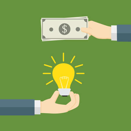 Money for idea. One hand holding light bulb and other hand offers money, Paying for innovation and creativityのイラスト素材