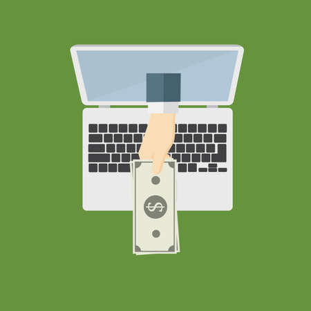 Getting Money From Internet, hand giving money from Laptop Monitor Screen, Online Bankingのイラスト素材