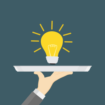 Give the Idea Concept, Hand Holding A Tray With Light Bulbのイラスト素材