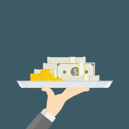 Hand Holding A Tray With Pile Of Cash Conceptのイラスト素材