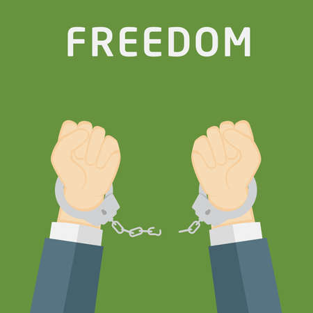 Male hands breaking steel handcuffs, freedom concept illustrationのイラスト素材