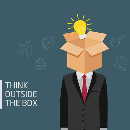 Man Think Outside The Box Metaphor, Ideas Concept Of Man With Opened Box And Light Bulb In His Headのイラスト素材