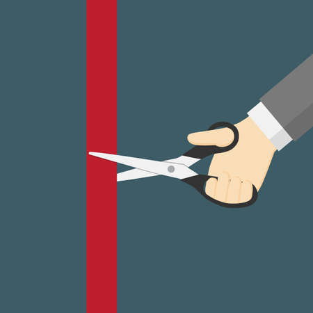 Grand Opening Illustration. Hand Cutting Red Ribbon With Scissorのイラスト素材