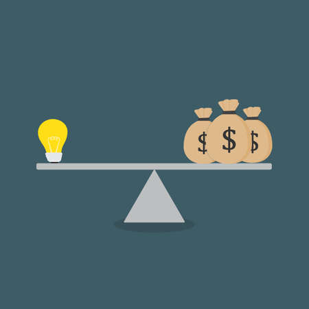 Flat Design Of Light Bulb And Moneybag On The Scaleのイラスト素材
