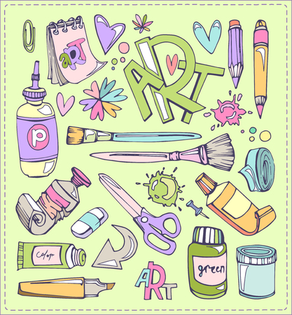 Education and art stuff set. Colored pencils and brushes paint blots.のイラスト素材