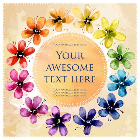 Square postcard. Watercolor flowers framed by a circular shape with text. All the colors of the rainbow, color floral circle.のイラスト素材