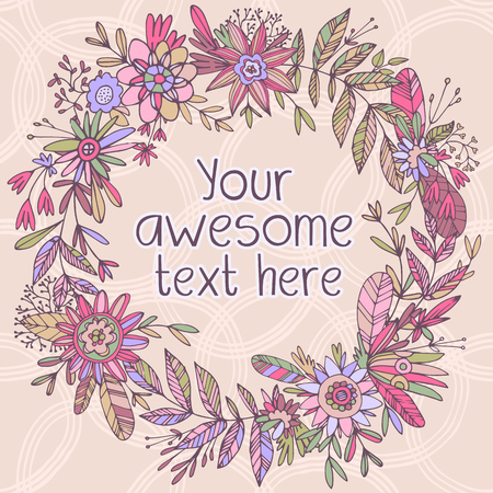 Illustration of highly detailed vector image of gorgeous wreath woven from cute petals and beautiful flowers.  Ligature of stems and petals with pastel flowers pink and red shades.のイラスト素材