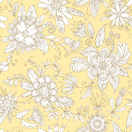 Seamless floral pattern. High detail flower buds, petals, shoots, buds and tendrils. Can be used for curtains, wallpaper, pattern fills, web page background, surface textures.のイラスト素材