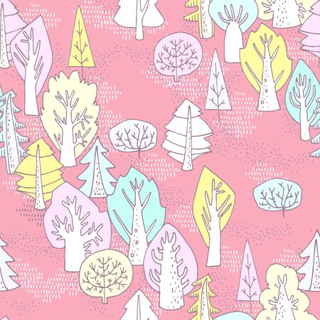 Forest seamless pattern. Funny cute trees in cartoon style. Can be used for curtains, wallpaper, pattern fills, web page background, surface tekstures, childrens clothing.のイラスト素材