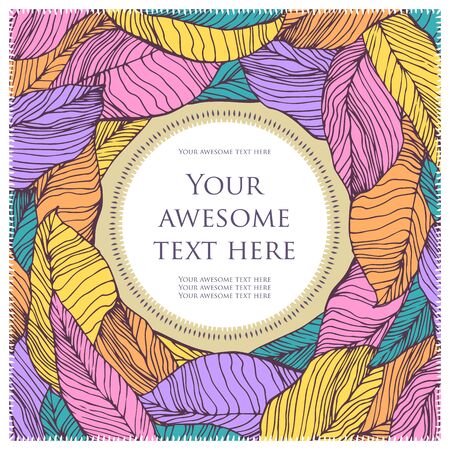 Colorful postcard. Cartoon flowers framed by a circular shape with text.のイラスト素材