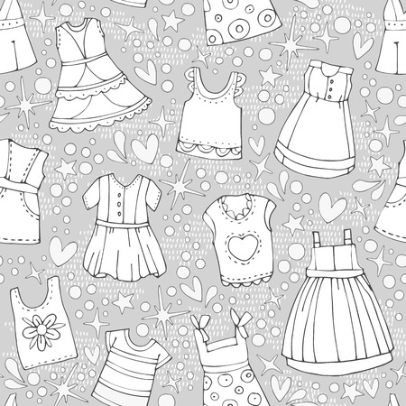 Vector fashionable beautiful clothes for little girls. Can be used for curtains, wallpaper, pattern fills, web page background, surface textures.のイラスト素材