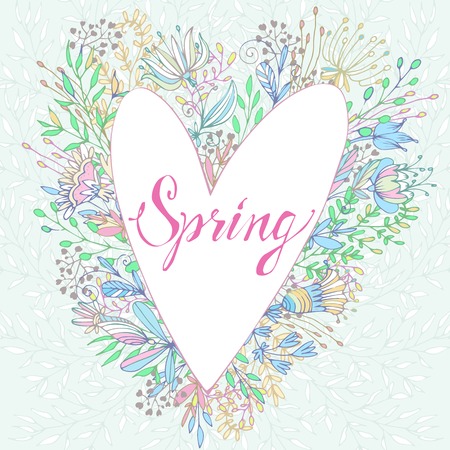 Cute greeting card with the words Spring framed by flowers and shoots.のイラスト素材