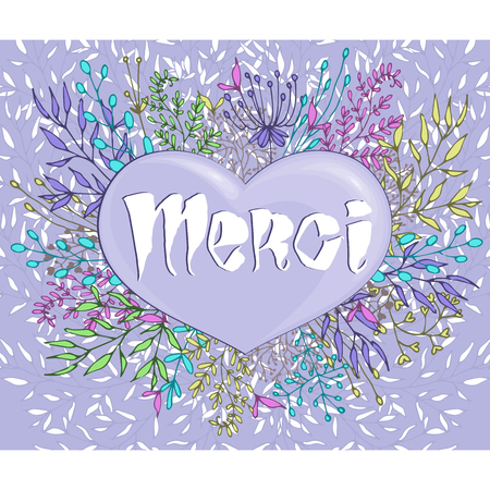 Inspirational phrase Merci framed by flowers. Cold colors. Handmade calligraphy.のイラスト素材