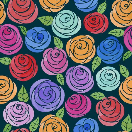Seamless pattern with watercolor cute roses. Cute cartoon multicolored roses with leaves. Juicy flowers on a dark backgroundのイラスト素材
