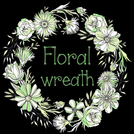 Gorgeous Floral wreath. Illustration of highly detailed vector image of gorgeous green wreath woven from cute petals and beautiful flowersのイラスト素材