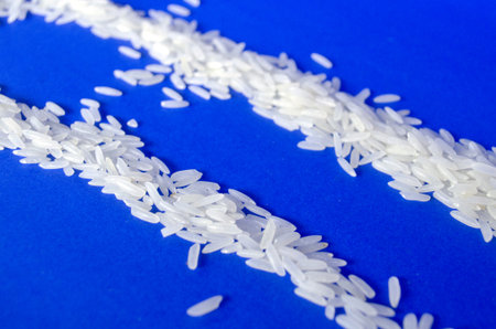 two line of rice on blue background.の写真素材