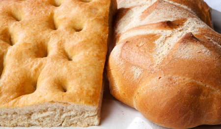 Close up genoese focaccia and breadの写真素材