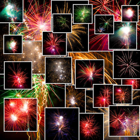 A pile of photographs of fireworks arranged into a backgroundの写真素材