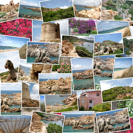 A pile of photographs of Sardinia (Italy) arranged into a backgroundの写真素材