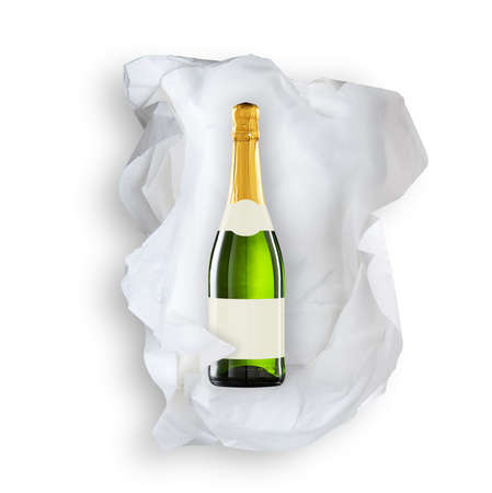 Tissue paper and sparkling wine bottleon white with shadowの写真素材