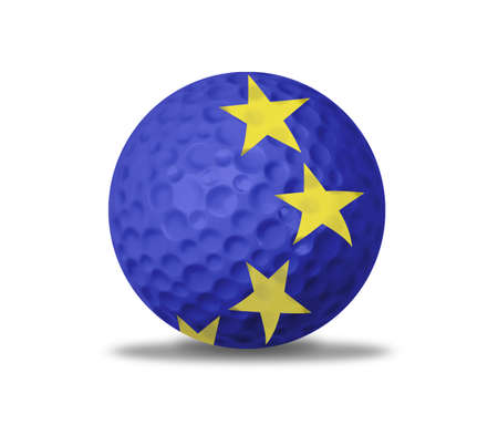 Golf ball  blue with yellow stars  on white background の写真素材