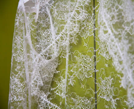 Detail of white lace blouse on green backgroundの写真素材
